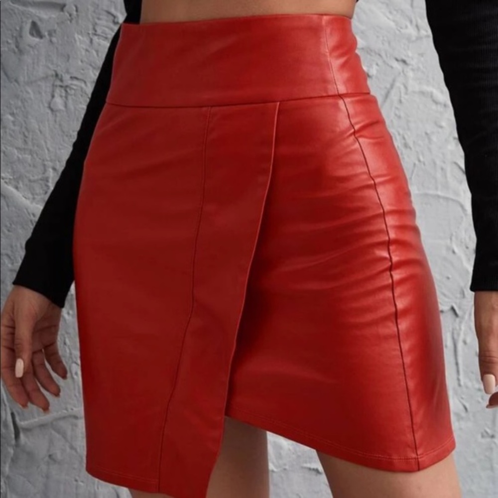 Red Asymmetrical Wide Waist Vegan Leather Bodycon Skirt - Picture 11 of 12